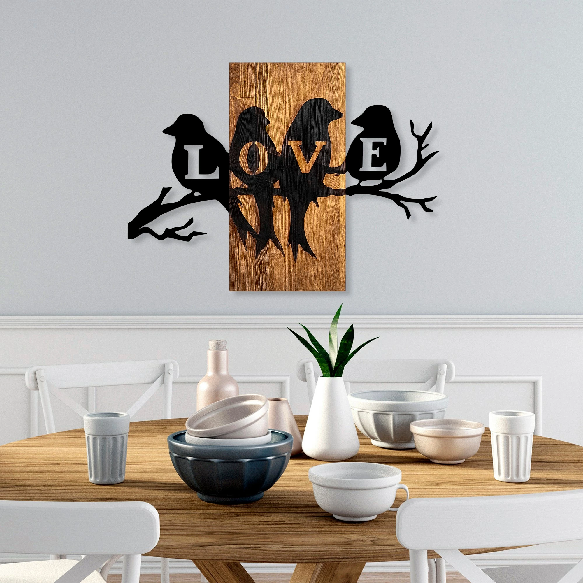 Aksesor dekorativ muri prej druri, zogj dashurie, ngjyrë arre dhe e zezë, 57x75cm