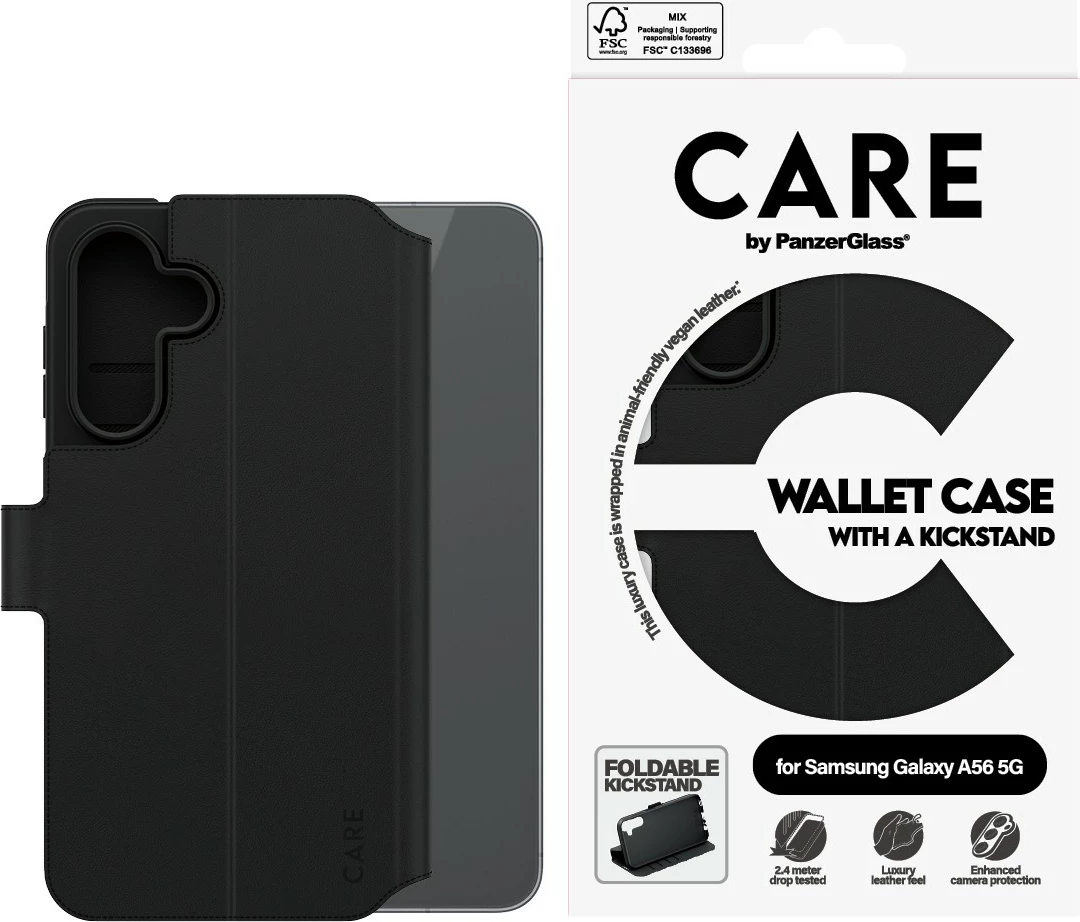 Mbështjellës PanzerGlass për Samsung Galaxy A56 5G, CARE Feature Wallet Case, i zi