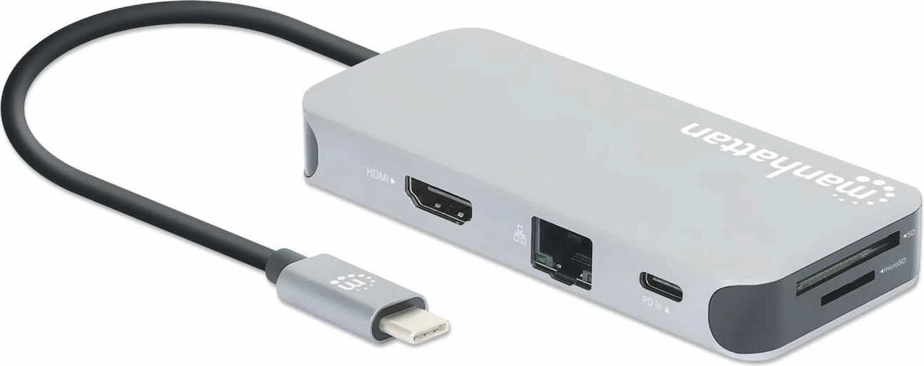 Docking station MANHATTAN USB-C 8-in-1, HDMI, RJ45, 3xUSB-A, gri