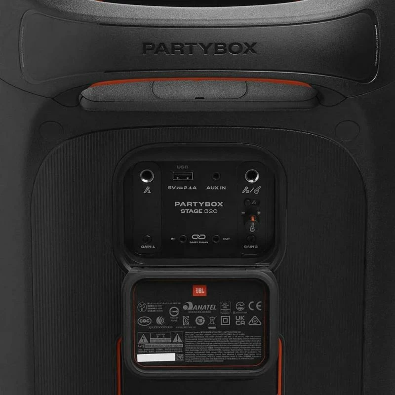 Altoparlant portativ JBL PartyBox Stage 320 JBLPBSTAGE320EP me drita LED, Bluetooth, me rrota dhe dorezë tërheqëse, ngjyrë e zezë