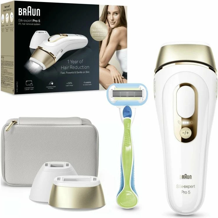 pajisje IPL për heqje qimesh Braun Silk-expert Pro 5 PL5152 set me koka dhe çantë, e bardhë e artë