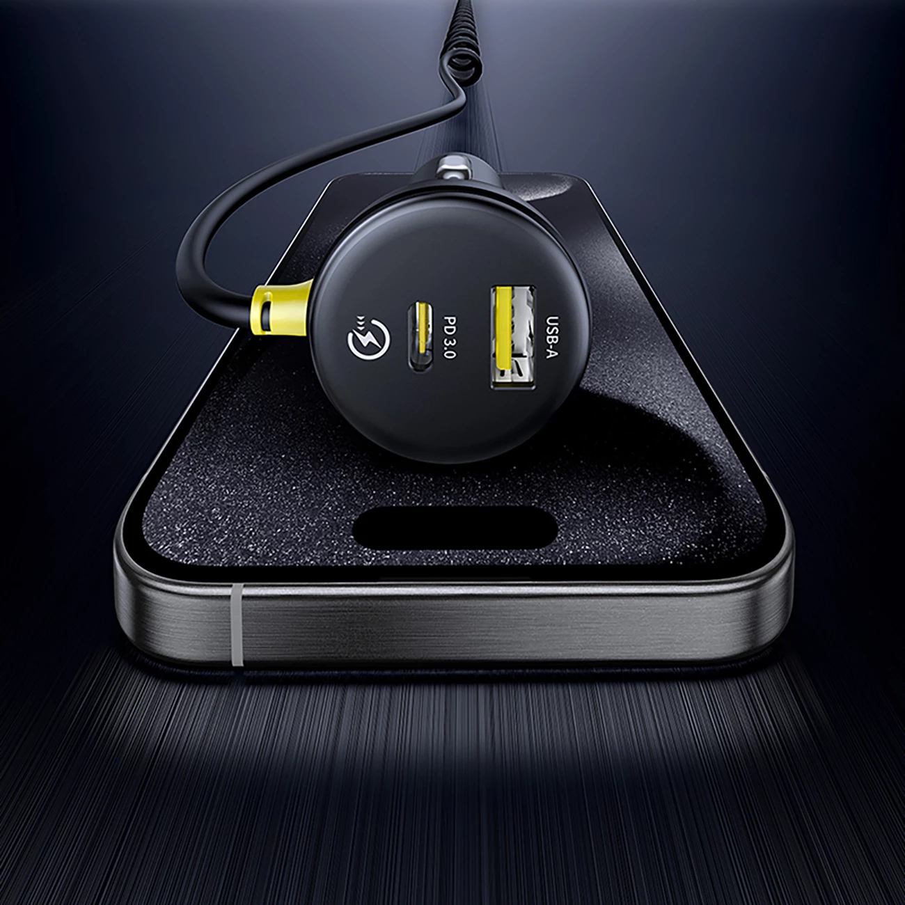 Karikues veture Baseus Circular, 60W, USB-A + USB-C, kabllo e integruar Lightning + USB-C 1.4m, e zezë