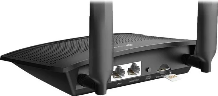 Router mobil, TP-Link TL-MR100, 4G LTE, Wi‑Fi 300Mbps, modem i brendshëm, slot SIM, 4 porta LAN, me 2 antena, e zezë