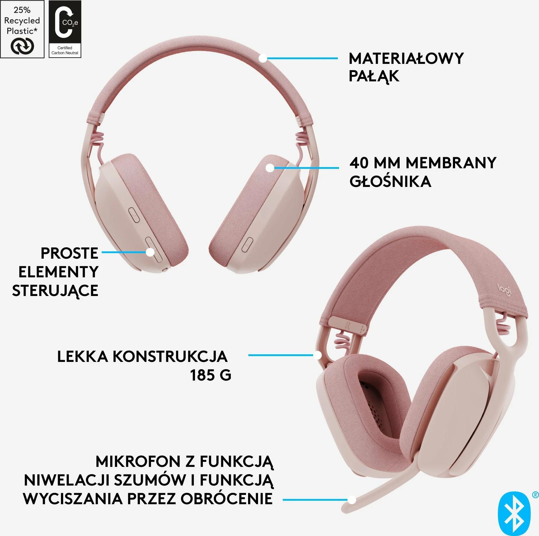 Kufje Logitech Zone Vibe 100 (981-001224), wireless Bluetooth/USB-C, me mikrofon, rozë