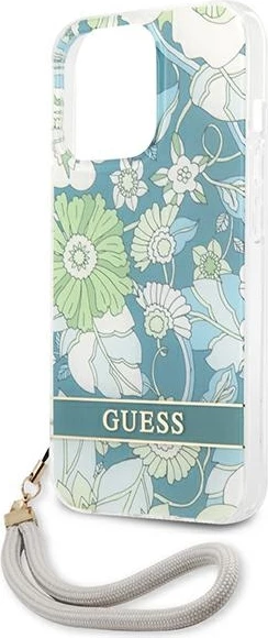 Mbështjellës Guess Flower Strap për iPhone 13 Pro Max 6.7", i gjelbër me lule dhe rrip dore