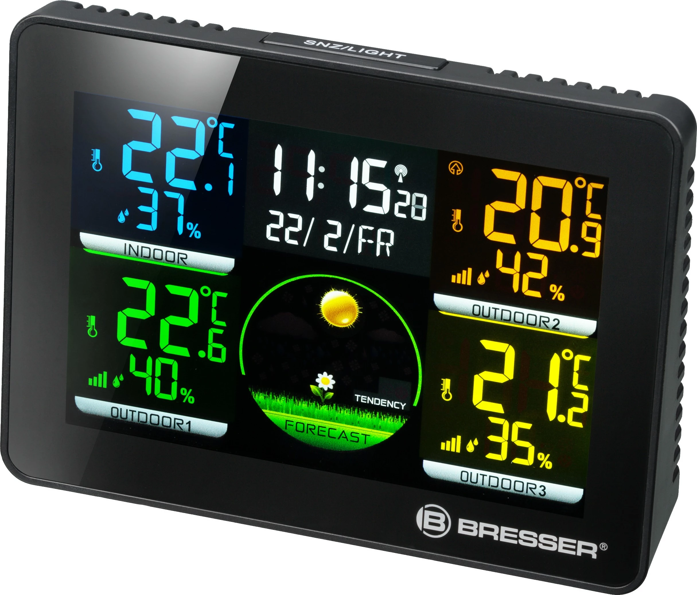 Termo-higrometër Bresser Quadro NLX me 3 sensorë wireless, ekran me ngjyra
