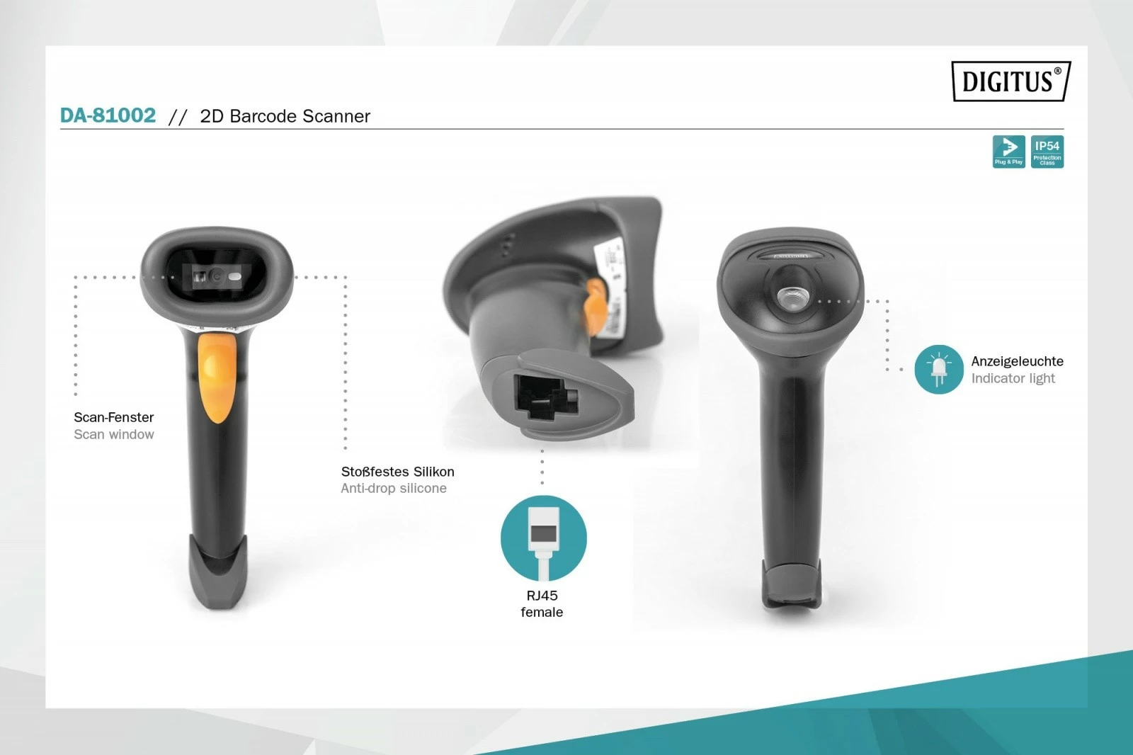 Skaner barkodësh Digitus DA-81002, me kabllo USB-RJ45, 1D/2D, QR Code, i zi, me mbajtëse