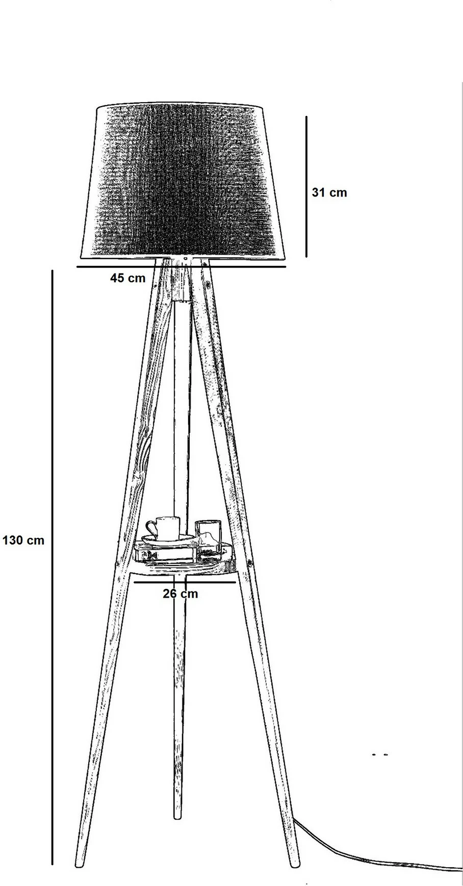 Llambë dyshemeje tripod, trup druri, raft, kapak tekstili, ngjyrë e zezë dhe arre, 160cm