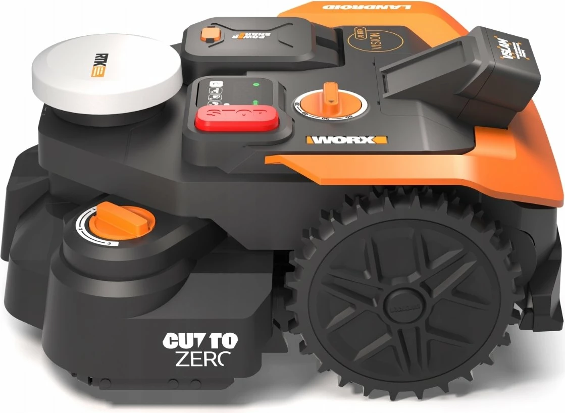 Robot kositës bari Worx Landroid Vision Cloud WR340E, 600 m², 4WD, kamerë stereo, RTK, bateri 20V 4.0Ah, zi/portokalli