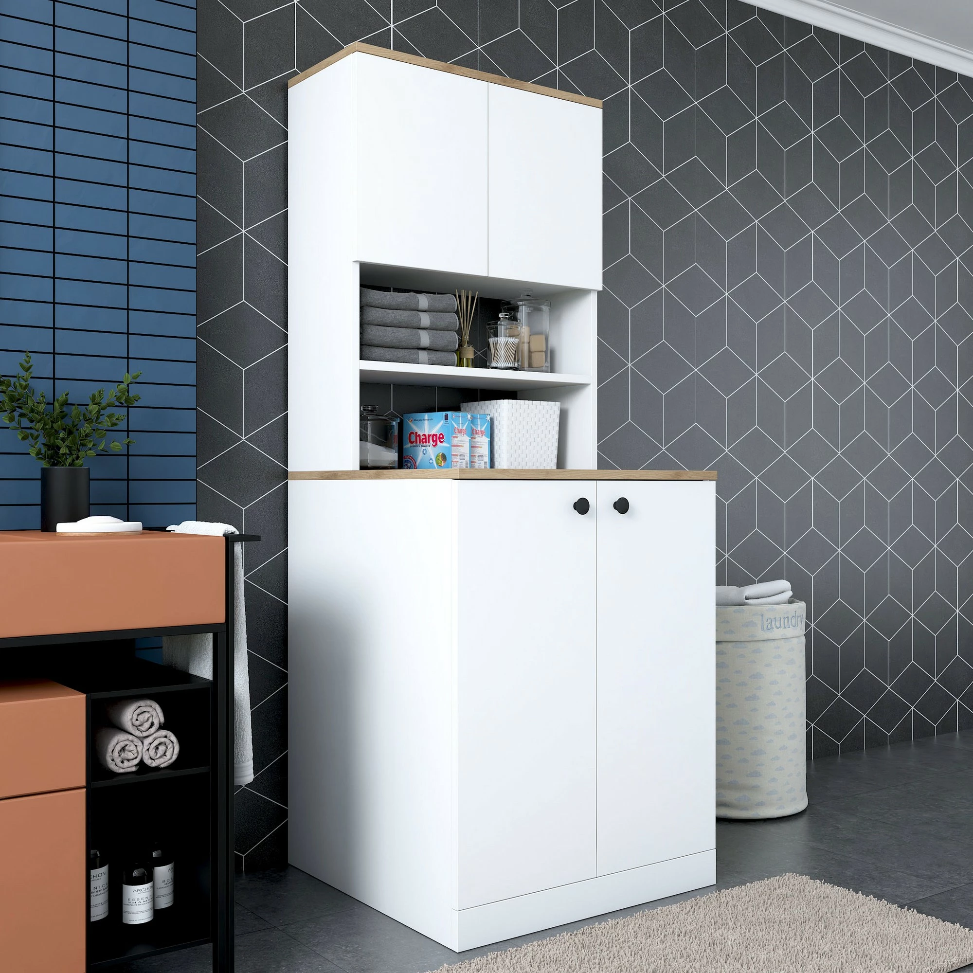 Dollap për lavatriçe, ngjyrë e bardhë dhe arre, Hanah Home KD102-2160