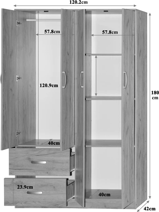 Dollap Zelia me katër dyer, 2 sirtarë, ngjyrë lisi, 120x42x180cm