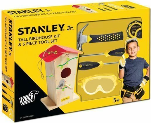 Set DIY shtëpizë zogjsh prej druri Stanley WDCBW5T, 20 x 14.5 cm, me 5 vegla (çekan, 2 kaçavida, syze mbrojtëse, metër)