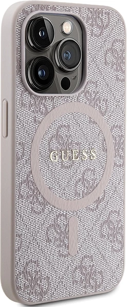 Mbështjellës Guess 4G Collection Leather Metal Logo MagSafe për iPhone 14 Pro Max, Rozë