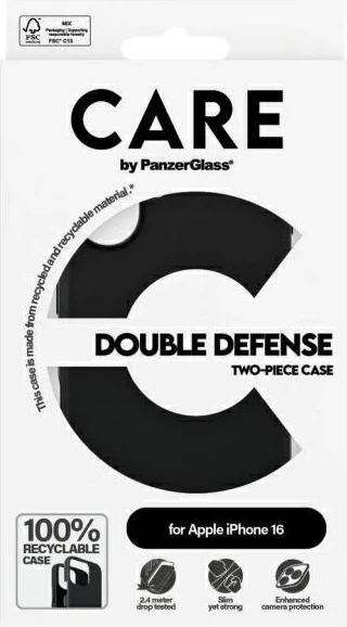 Mbështjellës PanzerGlass CARE Double Defense për iPhone 16, i zi