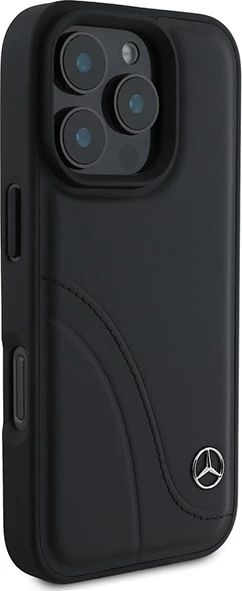 Mbështjellës Mercedes MB Curved Stitches Leather për iPhone 16 Pro, i zi