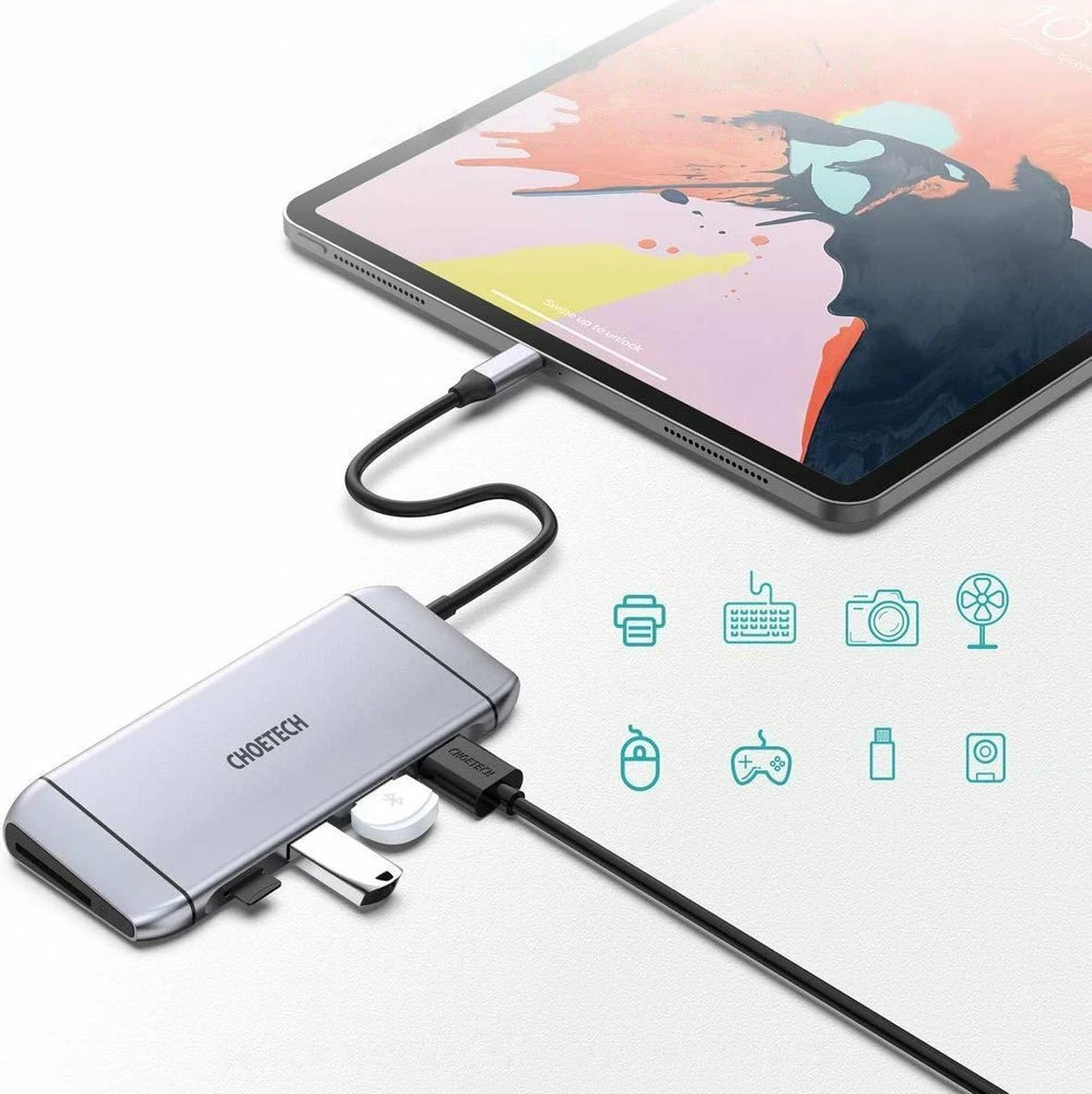 Kasë Choetech HUB-M15, 9 porte, USB Type-C, HDMI 4K, VGA, RJ45, Gri