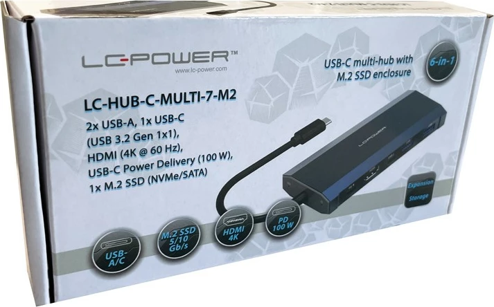 USB hub LC-Power LC-HUB-C-MULTI-7-M2, 2x USB-A, 2x USB-C, HDMI, M.2 SSD, 100W, antracit