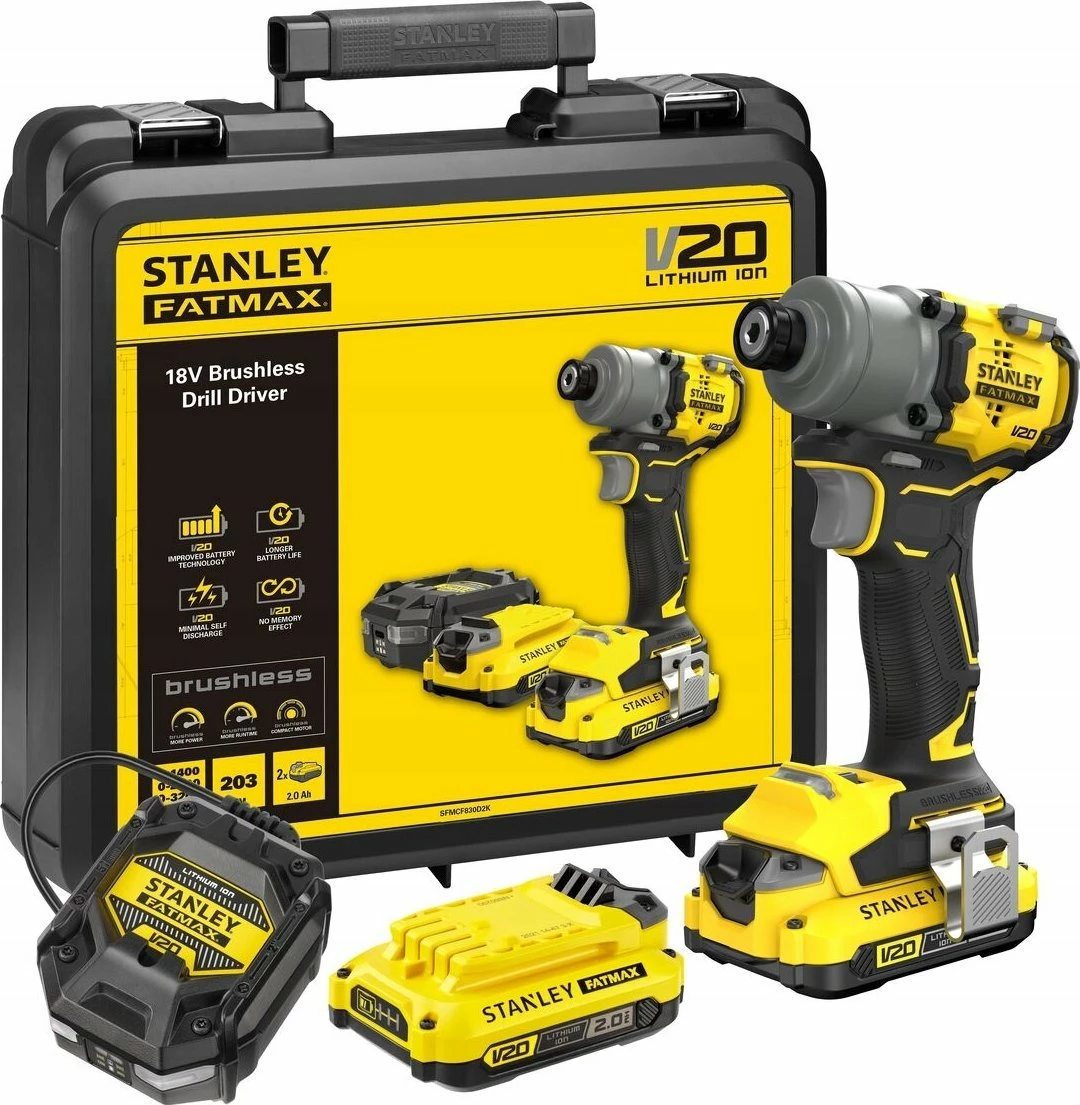 Shurupavërtëse me goditje Stanley FatMax V20 SFMCF830D2K-QW 18 V, brushless, 2x2.0 Ah, 1/4\" HEX, set me 2 bateri + karikues + valixhe, e verdhë/zezë