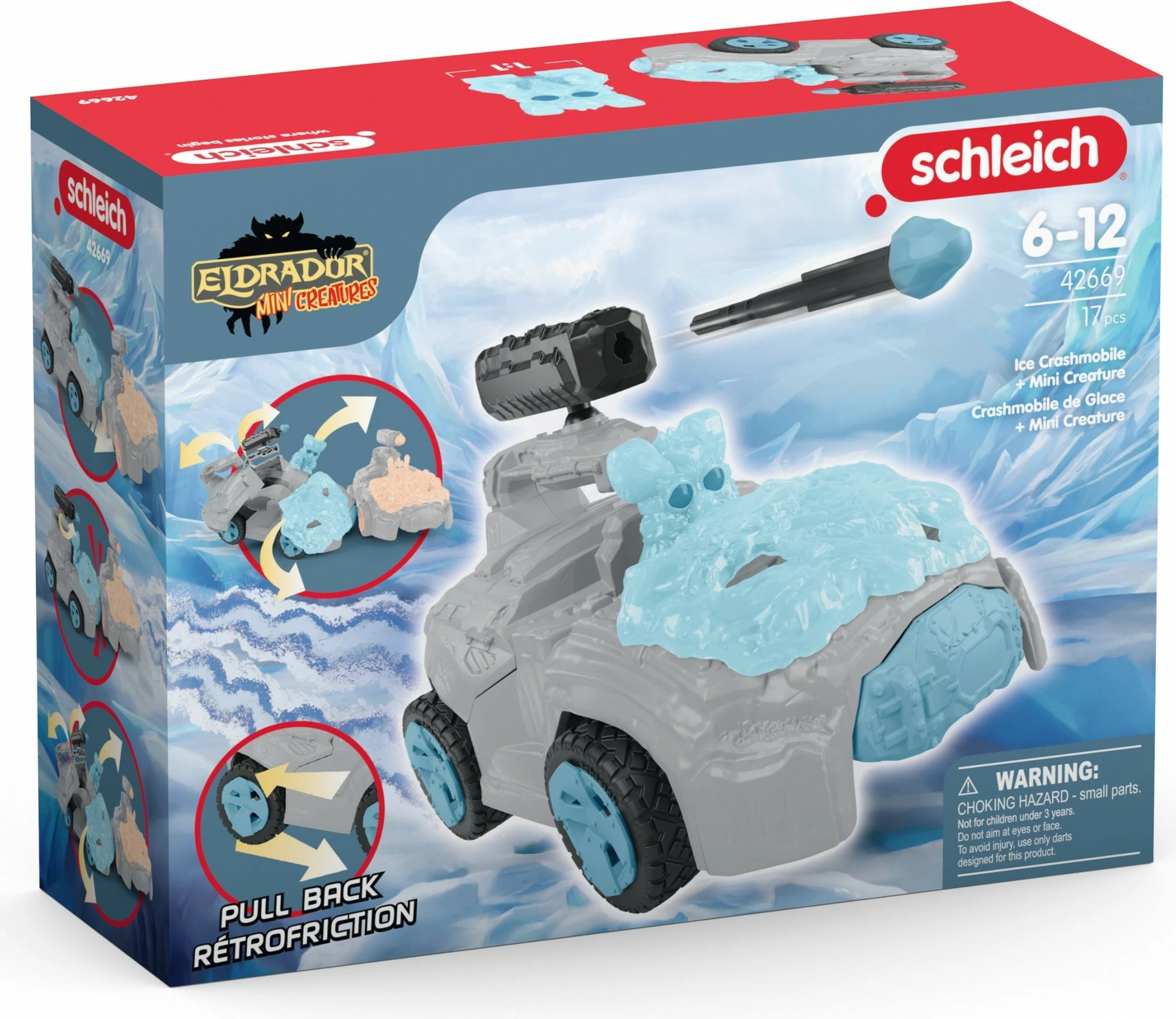 Automjet lodër Schleich ELDRADOR CREATURES Ice CrashMobile me mini figurë, pullback motor, gri/blu/zi