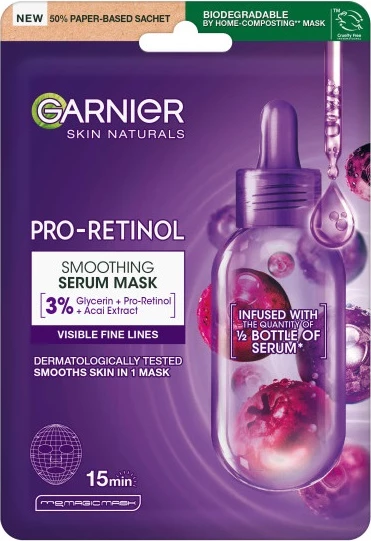Maskë për fytyrë Garnier Pro-Retinol Smoothing Serum në pëlhurë për femra, 22g