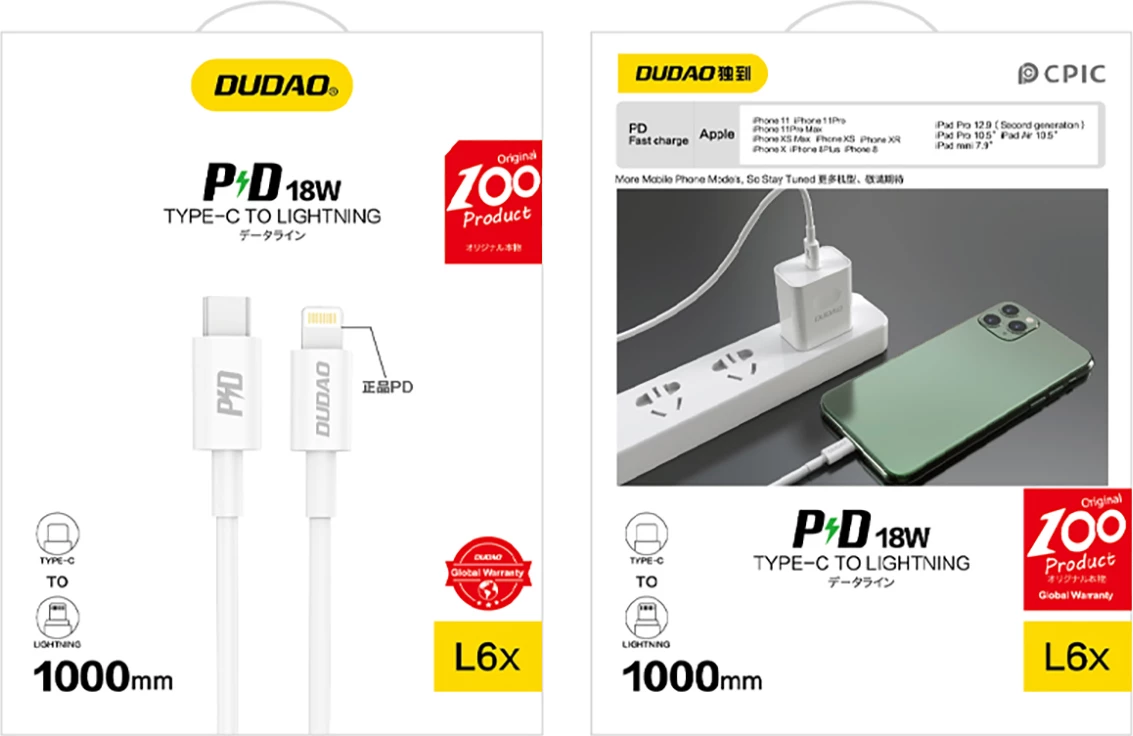 Kabllo Dudao L6X USB-C në Lightning, 1m, 20W PD, e bardhë