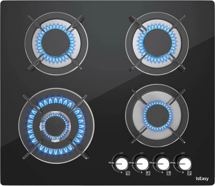Pianurë me gaz, IsEasy MGBG-604B, 4 zona, panel xhami 60 cm, NG/LPG, e zezë
