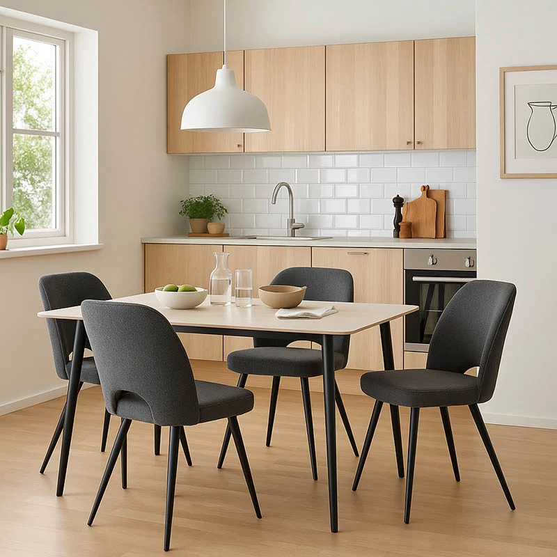 Tavolinë me karrige Gustas-Renish, 5 copë, gur i bardhë sinterizuar, bouclé gri, 120x60x75cm