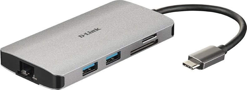 Hub USB-C D-Link DUB‑M810, 8‑në‑1, HDMI/Ethernet/Card Reader/Power Delivery, Alumin, Argjendtë