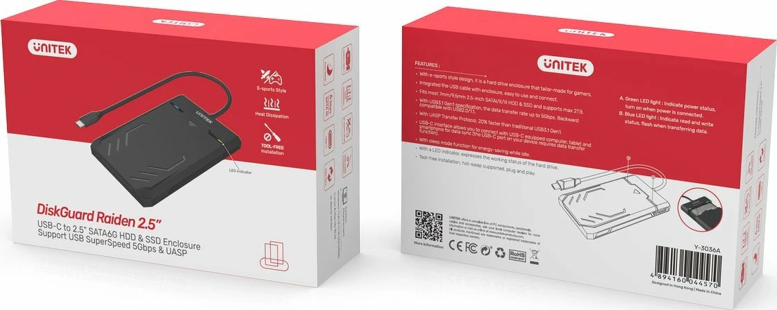 Kasë e jashtme për HDD/SSD 2.5" Unitek DiskGuard Raiden Y-3036A USB-C 5Gbps SATA III UASP, e zezë