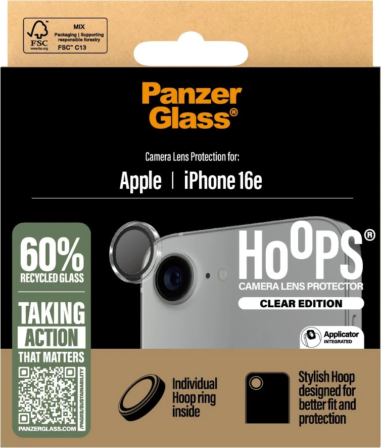 Mbrojtës kamere PanzerGlass Hoops për iPhone 16e, transparent