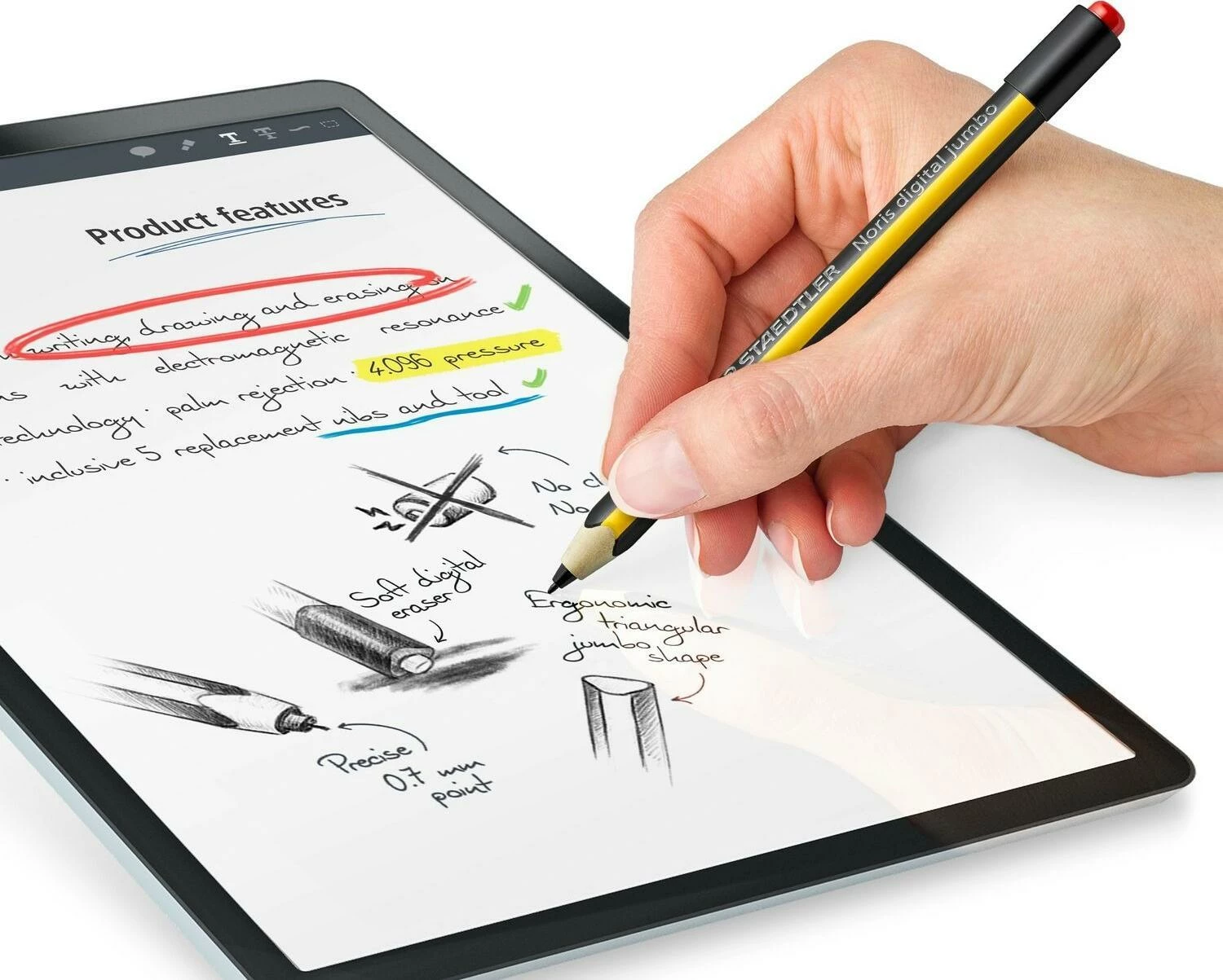 Stylus Staedtler Noris Digital Jumbo, EMR, majë 0.7 mm, 4096 nivele presioni, me gomë digjitale, verdhë/zi
