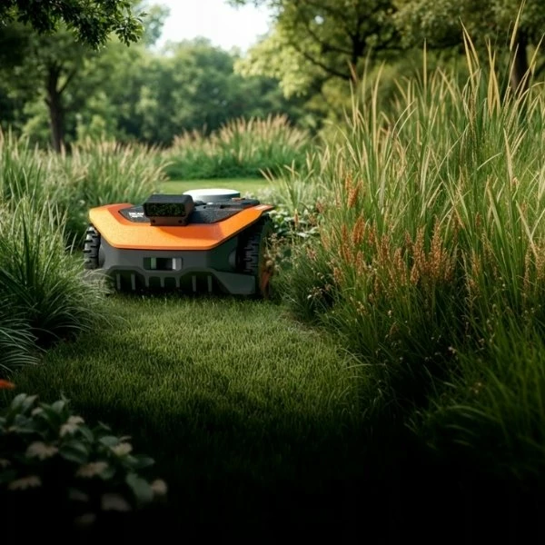 Robot kositës bari Worx Landroid Vision Cloud WR340E, 600 m², 4WD, kamerë stereo, RTK, bateri 20V 4.0Ah, zi/portokalli