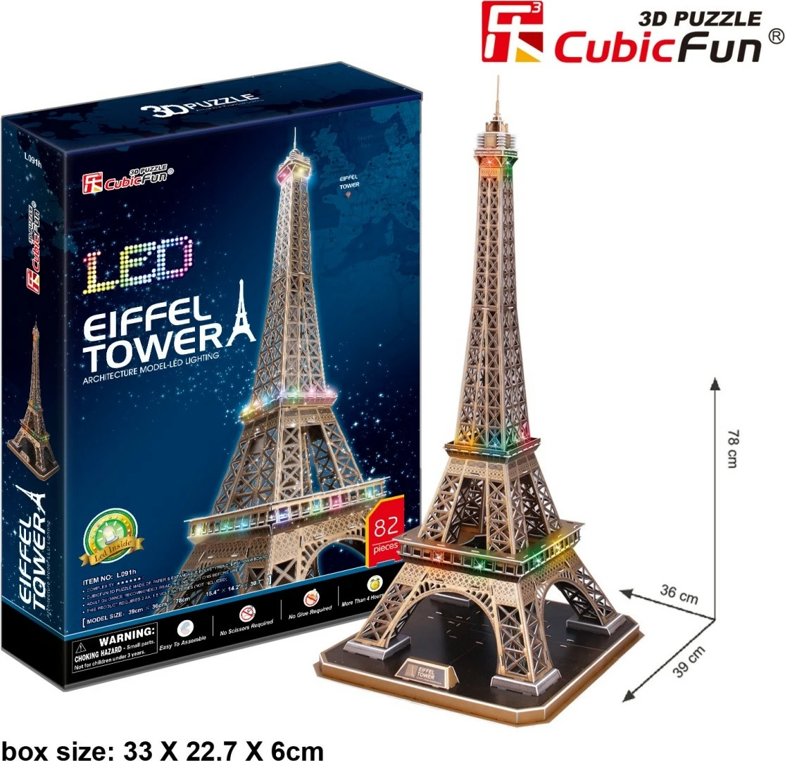 Puzzle 3D Cubic Fun Eiffel Tower me drita LED, 82 pjesë