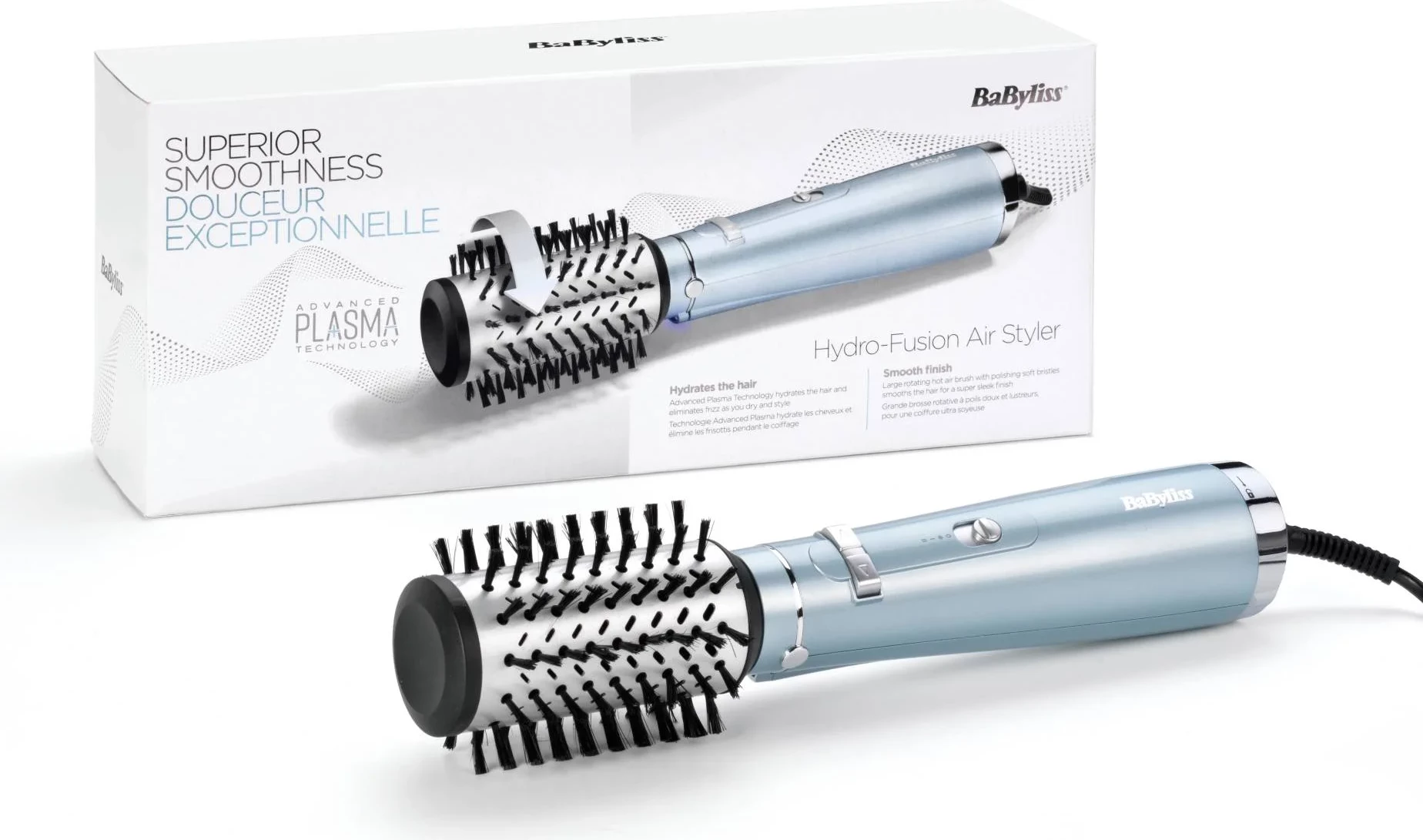 Furçë flokësh me ajër të nxehtë, BaByliss Hydro Fusion AS773E, 700 W, tub rrotullues 50 mm, teknologji plazma jonike, motor DC