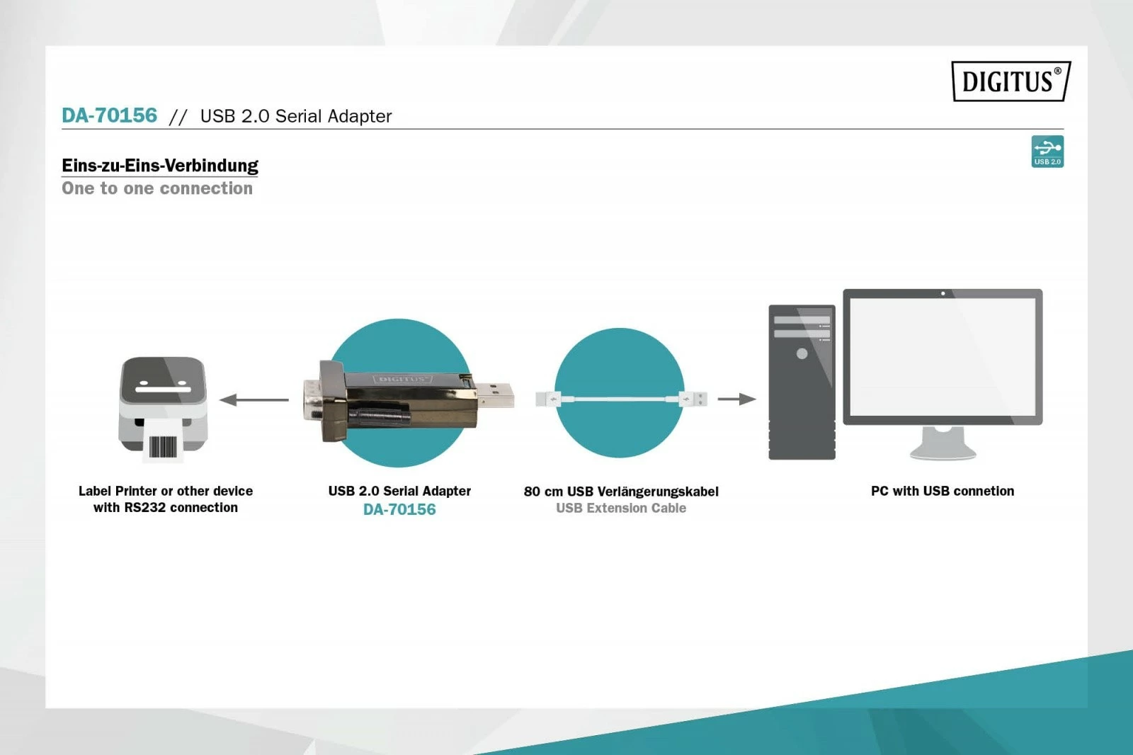 Adapter USB 2.0 në RS232 Digitus DA-70156, 80cm, Zi