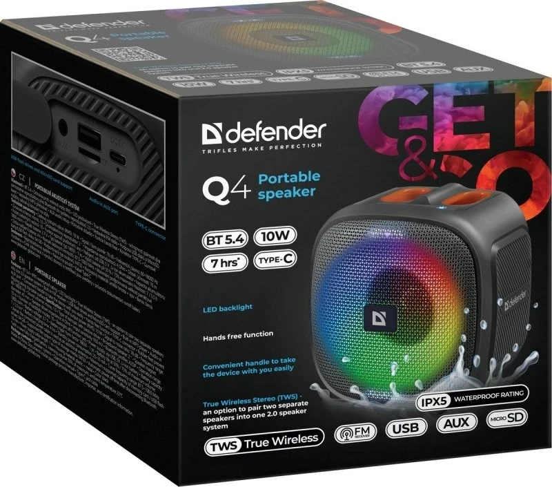 Boks Bluetooth Defender Q4, 10W, LED, FM, USB, TWS, Zi