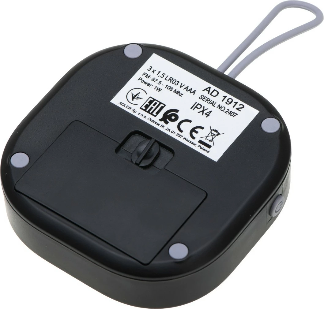 Radio FM Adler AD1912, rezistente ndaj ujit, e zezë