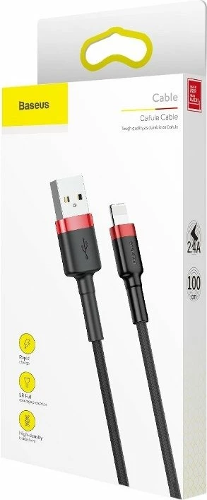 Kabllo USB në Lightning Baseus Cafule CALKLF-B19, 1m, 2.4A, Kuqe+Zezë