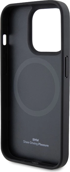 Mbështjellës BMW Leather Hot Stamp MagSafe për iPhone 15 Pro, i zi