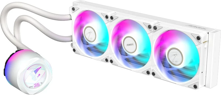 Ftohës uji Gigabyte AORUS WATERFORCE X II 360 ICE, 3x120mm ARGB, LCD, për Intel LGA 1851 dhe AMD AM5, i bardhë
