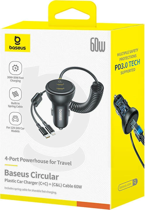 Karikues veture Baseus 60W me USB-C dhe kabllo Lightning, i zi