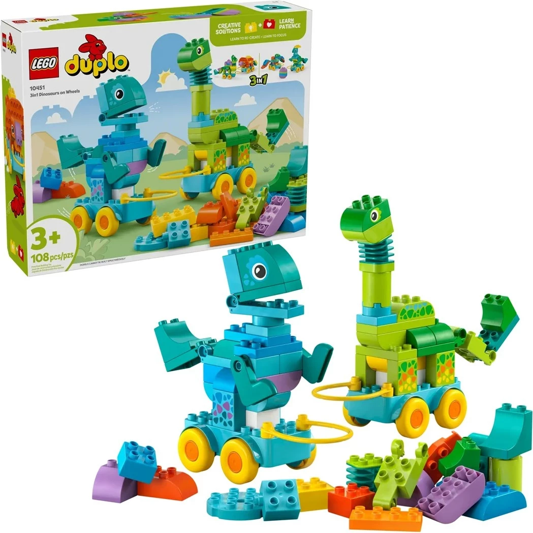 Set lodrash LEGO DUPLO 3-në-1 Dinosaurs on Wheels, 108 pjesë, për fëmijë 3+ vjeç