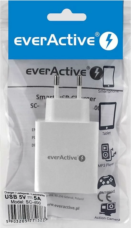 Karikues muri everActive SC-400, 4x USB, 25W 5V/5A, IQ Smart Charging, i bardhë