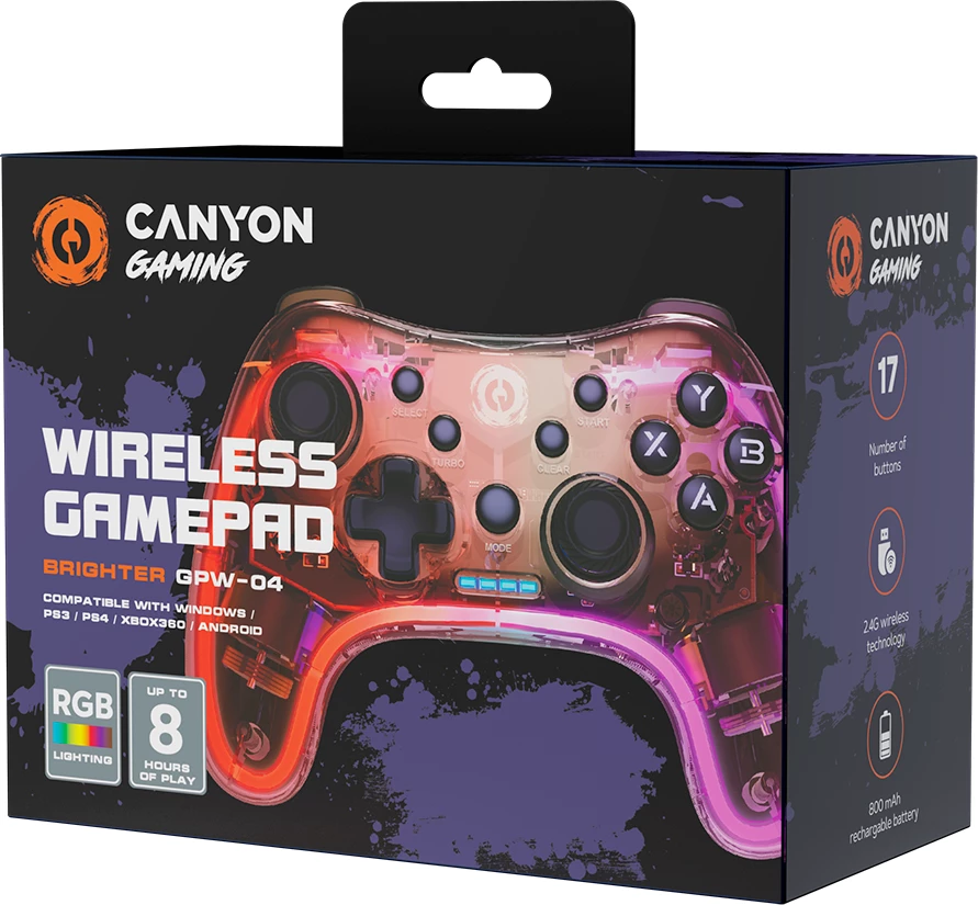 Gamepad CANYON Brighter GPW-04, wireless me dongle, 800 mAh, RGB, Crystal transparente