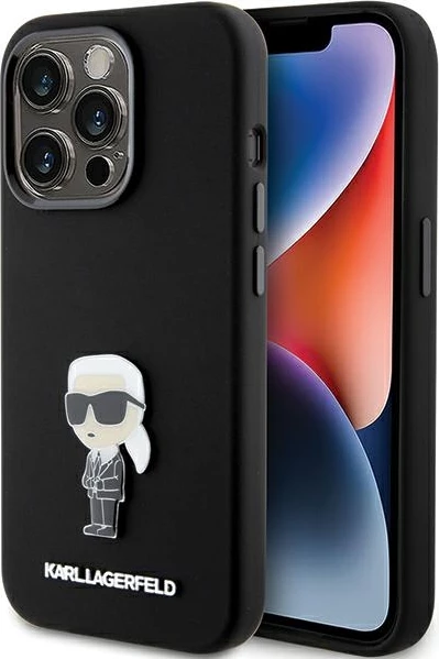 Mbështjellës Karl Lagerfeld Silicone Ikonik Metal Pin për iPhone 15 Pro, i zi