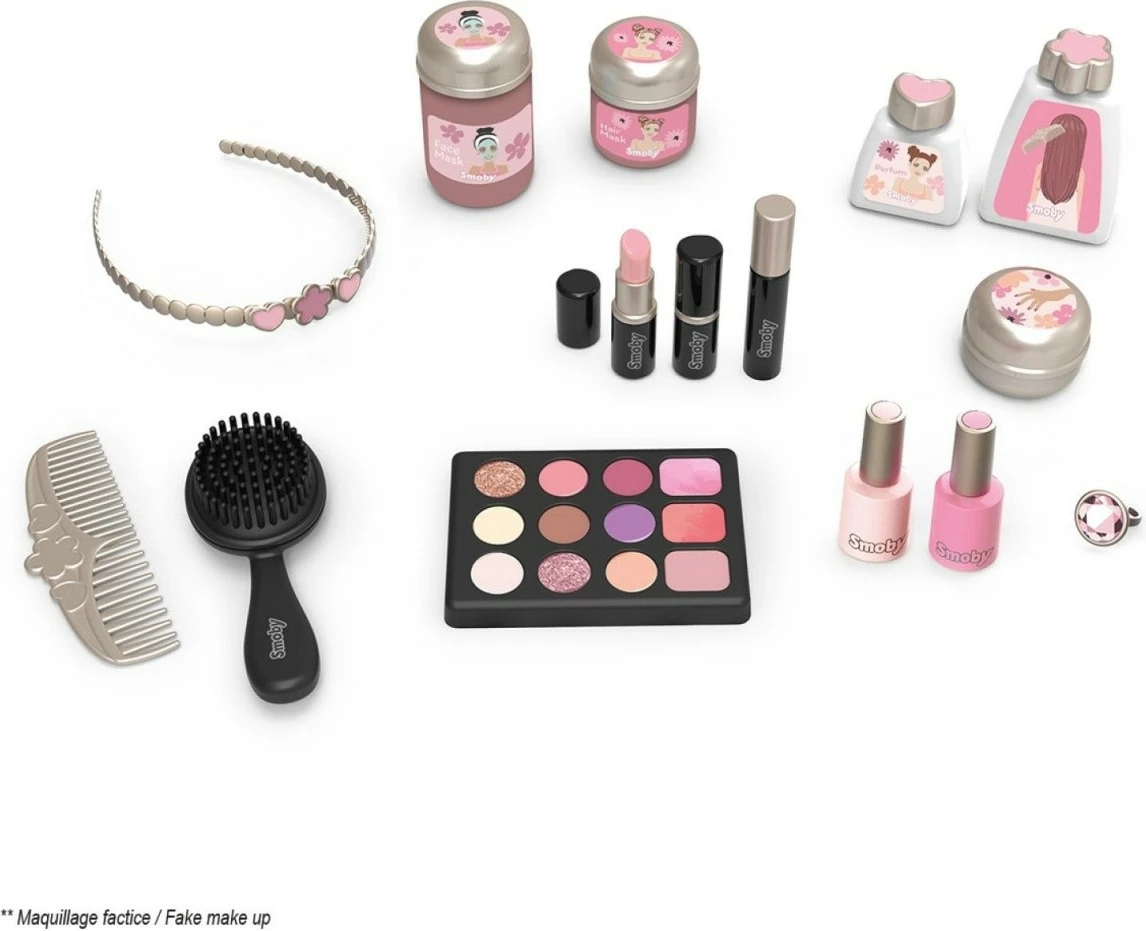 Tavolinë grimi lodër Smoby My Beauty Dressing Table me 15 aksesorë, Rozë/Ari/E bardhë