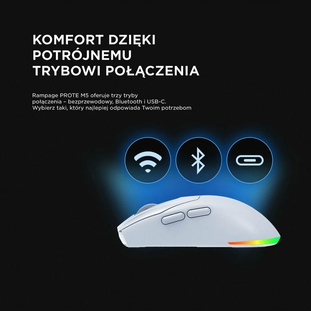 Maus Rampage Prote M5 PROTEM5-WHITE 24000 DPI wireless RGB, i bardhë, set me receiver USB dhe kabllo USB-C