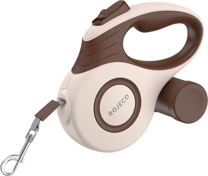 Litar automatik tërheqës për qen, Rojeco A12, 5 m, për kafshë deri 35 kg, me dispenser qesesh, kafe