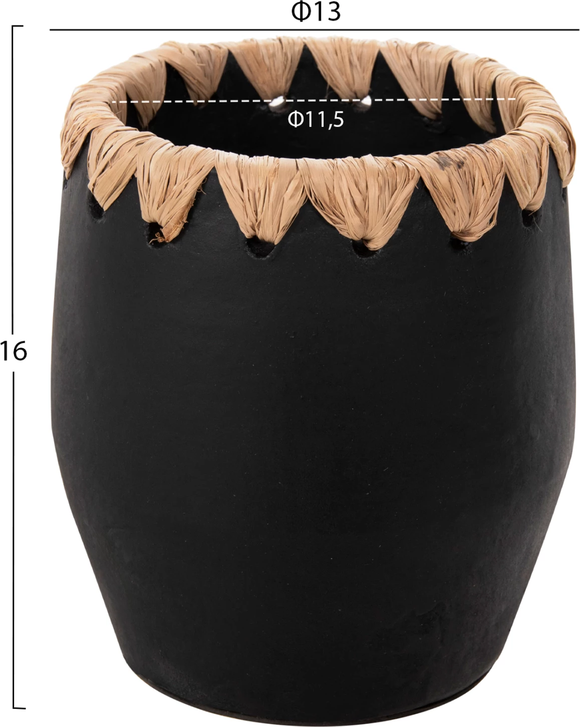 Vazo dekorative FH4368 terrakote, ngjyrë e zezë me thurje kashte në buzë, Φ13x16H cm