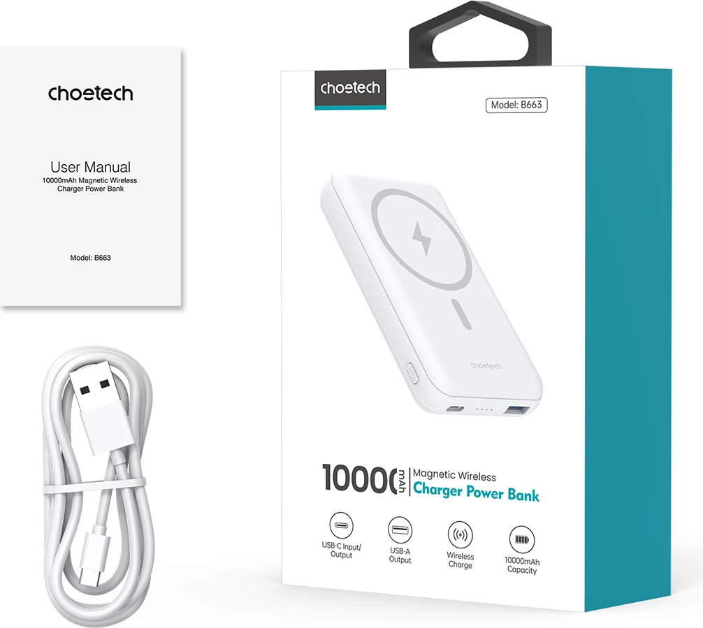 Powerbank Choetech B663, 10000mAh, 20W, MagSafe, USB-A/USB-C, Bardhë